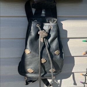 Vintage Harley-Davidson Black Leather Drawstring Bag